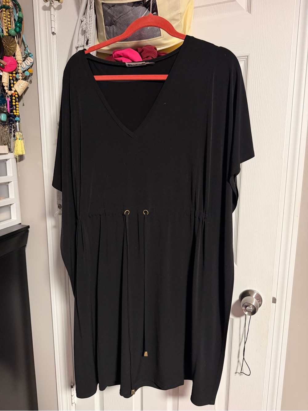 Calvin Klein Black V-Neck Midi Dress with Drawstring Waist